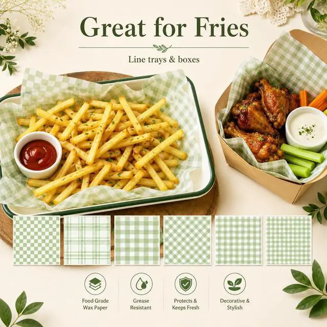 Alt view image 3 of 7 - 240 Sheets Sage Green Buffalo Plaids Wax Paper for Food Deli, 9.8 x 8.3'' Greenery Lattice Checkered Sandwich Wrapping Paper for Birthday Picnic Liner Wedding Party Supplies