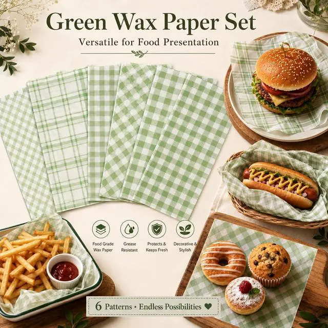 Alt view image 4 of 7 - 240 Sheets Sage Green Buffalo Plaids Wax Paper for Food Deli, 9.8 x 8.3'' Greenery Lattice Checkered Sandwich Wrapping Paper for Birthday Picnic Liner Wedding Party Supplies
