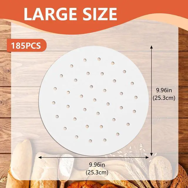 Alt view image 2 of 7 - 185PCS Bamboo Steamer Liner, 10 Inch White Air Fryer Liners, Non-stick Perforated Steamer Paper for Skillets, Microwave Ovens, Ovens, Steamers