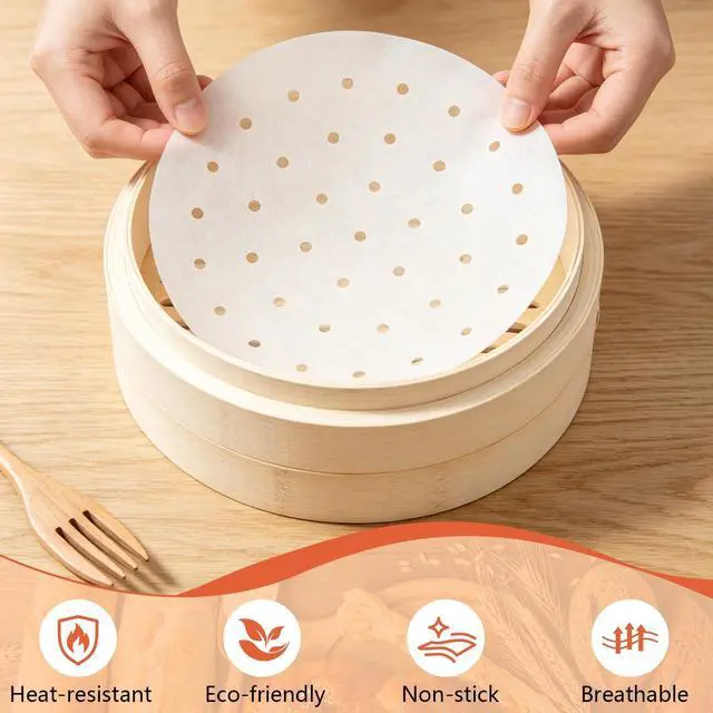 Alt view image 3 of 7 - 185PCS Bamboo Steamer Liner, 10 Inch White Air Fryer Liners, Non-stick Perforated Steamer Paper for Skillets, Microwave Ovens, Ovens, Steamers