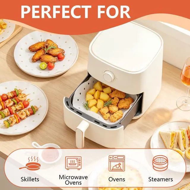 Alt view image 4 of 7 - 185PCS Bamboo Steamer Liner, 10 Inch White Air Fryer Liners, Non-stick Perforated Steamer Paper for Skillets, Microwave Ovens, Ovens, Steamers