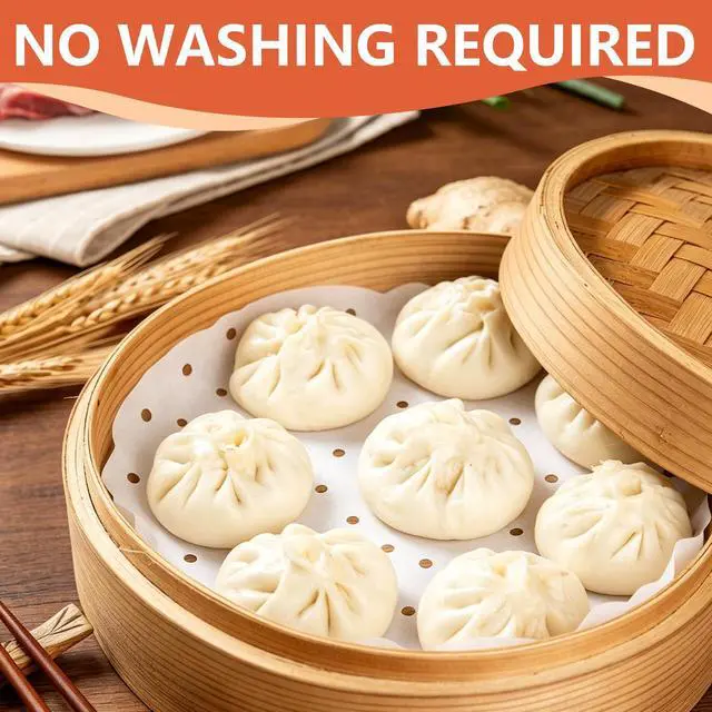 Alt view image 6 of 7 - 185PCS Bamboo Steamer Liner, 10 Inch White Air Fryer Liners, Non-stick Perforated Steamer Paper for Skillets, Microwave Ovens, Ovens, Steamers