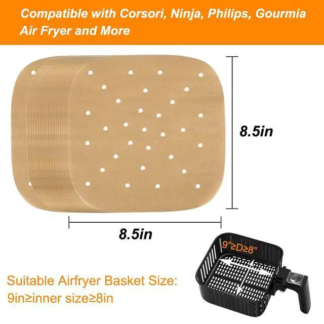 Alt view image 2 of 6 - Air Fryer Parchment Paper, Set of 200, 8.5 Inch Unbleached Perforated Square Air Fryer Liner Sheets for Airfryer, Steaming Basket and More(7.5/8.5/9.5in Available)