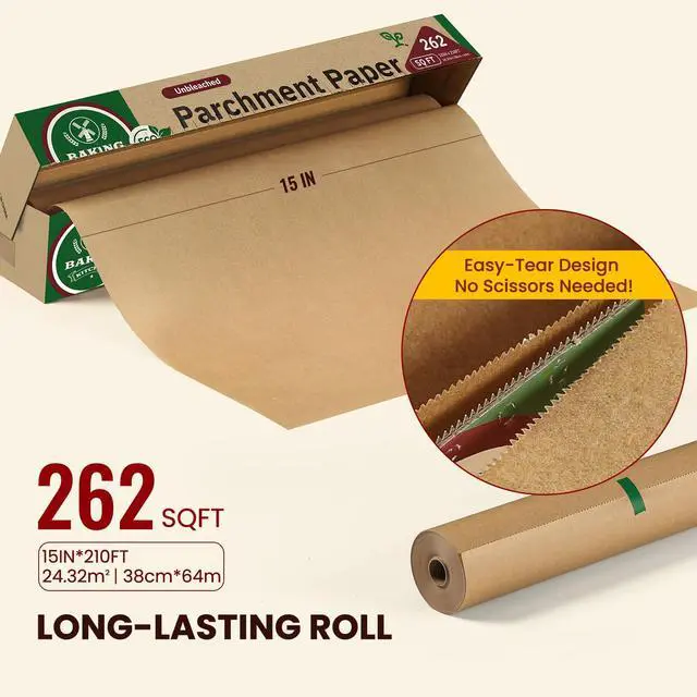 Alt view image 4 of 6 - Unbleached 15in x 210ft Parchment Paper Roll for Baking- 262 Sq.Ft with Built-in Metal Cutter, Non-Stick & 450°F Safe for Baking,Cooking, Air Fryer, Grilling, Meal Prep