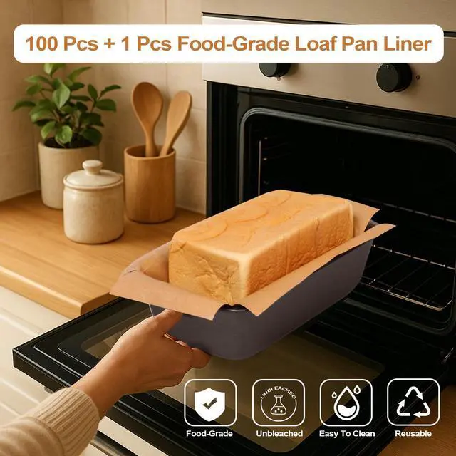 Alt view image 2 of 7 - Unbleached Parchment Paper Loaf Pan Liner - Precut 9''x5'' Non-Stick, Fits 8.5''x4.5''/10''x5'' Loaf Pans, Heat-Resistant 430°F, Food-Safe for Bread Baking (100 Pcs & 1 Silicone Liner)