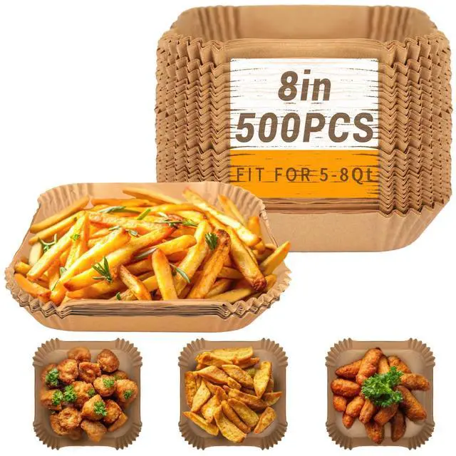 Main image of 500Pcs Air Fryer Paper Liners, 8 Square Disposable Parchment Paper Liner for 5-8 QT Air Fryer, Non-Stick, Oil Proof Unbleached Airfryer for Baking, Roasting Microwave