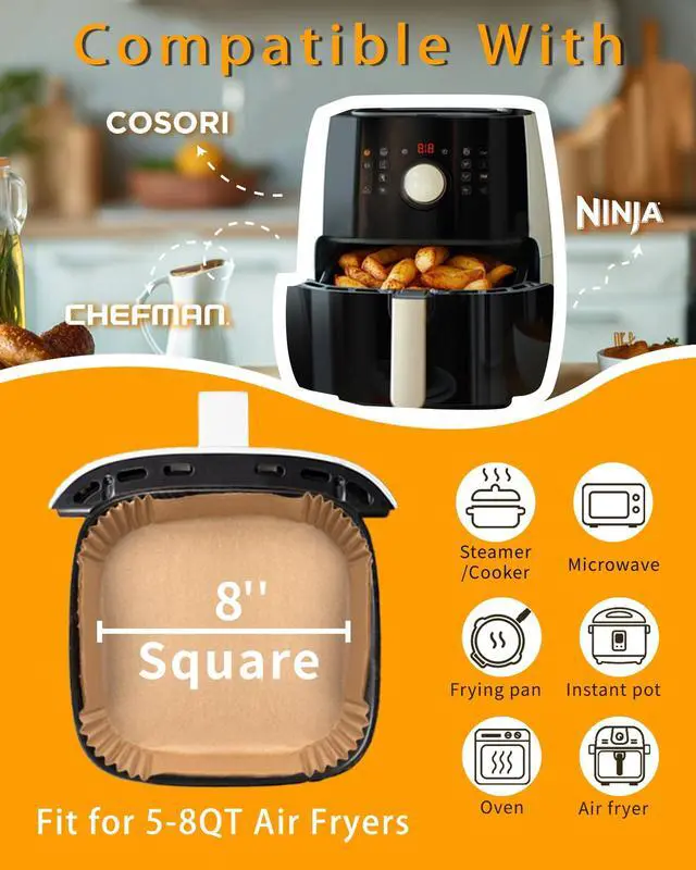 Alt view image 5 of 7 - 500Pcs Air Fryer Paper Liners, 8 Square Disposable Parchment Paper Liner for 5-8 QT Air Fryer, Non-Stick, Oil Proof Unbleached Airfryer for Baking, Roasting Microwave