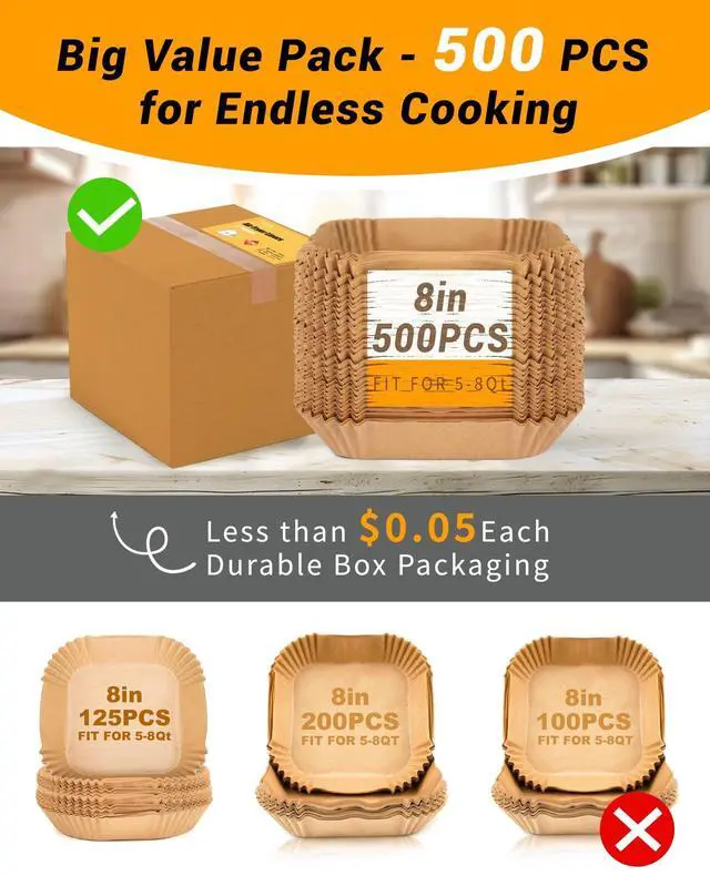 Alt view image 6 of 7 - 500Pcs Air Fryer Paper Liners, 8 Square Disposable Parchment Paper Liner for 5-8 QT Air Fryer, Non-Stick, Oil Proof Unbleached Airfryer for Baking, Roasting Microwave