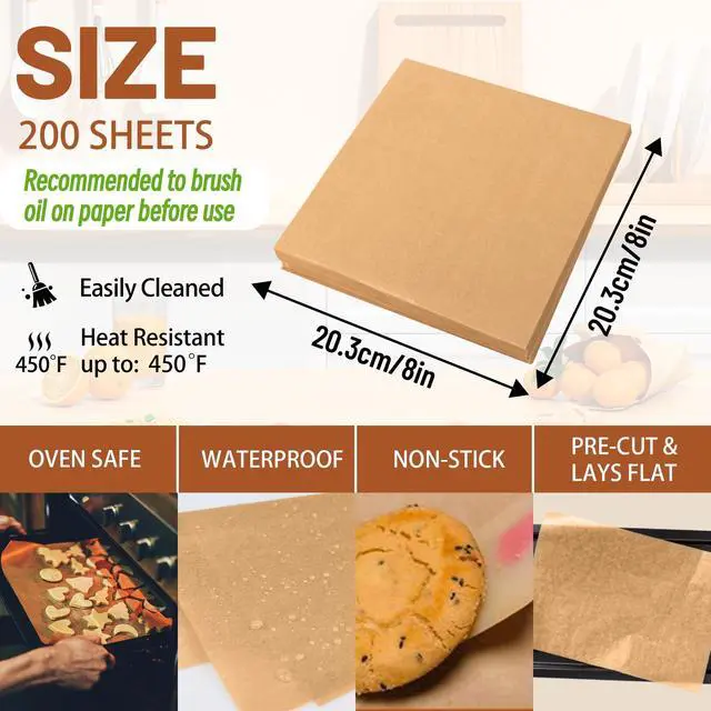Alt view image 3 of 6 - 8x8 Inch Parchment Paper Sheets, Precut Unbleached Baking Paper, Non-Stick & Greaseproof Square Pan Liners for Cake Pan, Air Fryer, Baking - Natural Brown