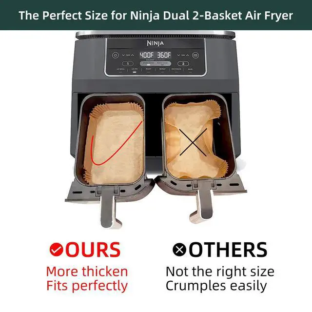 Alt view image 4 of 7 - Air Fryer Disposable Paper Liners for Ninja Dual Airfryer Accessories, Non-Stick Parchment Rectangular for Baking, Oil Proof, Water Proof, for Microwave Oven (100PCS, 8.6in x 5.5in)