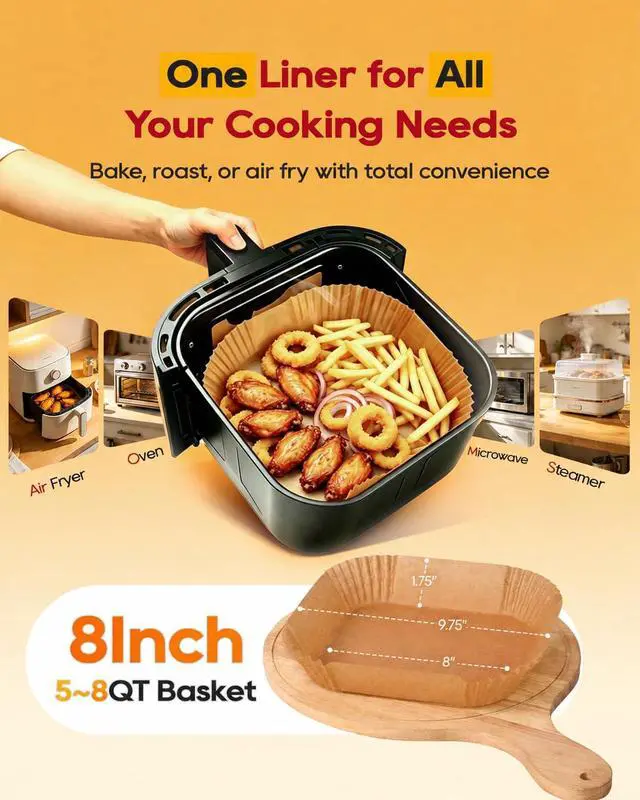 Alt view image 2 of 7 - 40GSM Air Fryer Paper Liners, 125Pcs 8 inch Disposable Parchment Paper for 5-8 qt Basket Air Fryer, Non-Stick Oil-Proof Heat Resistant Food Grade for Cooking, Roasting & Frying, Square 8"