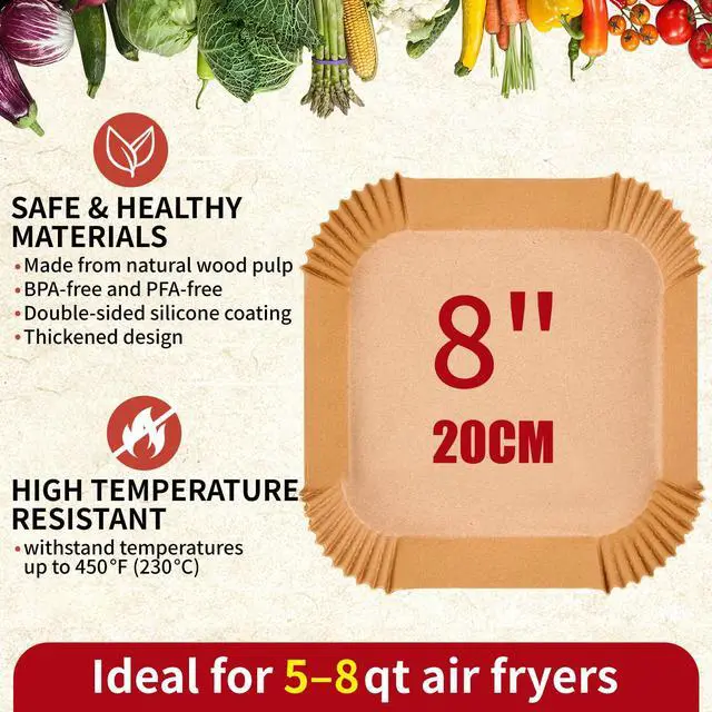 Alt view image 3 of 7 - 40GSM Air Fryer Paper Liners, 125Pcs 8 inch Disposable Parchment Paper for 5-8 qt Basket Air Fryer, Non-Stick Oil-Proof Heat Resistant Food Grade for Cooking, Roasting & Frying, Square 8"