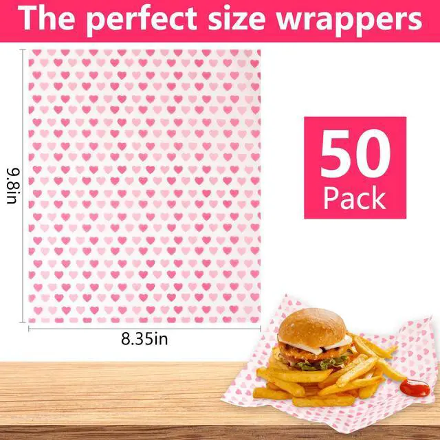 Alt view image 2 of 6 - 50PCS Wax Paper Sheets Food Wrapping Paper Greaseproof Waterproof Dry Waxed Deli Wraps Paper Sheets Non-Stick Liners Tissue for Bread Sandwich Burger,Heart Love Style