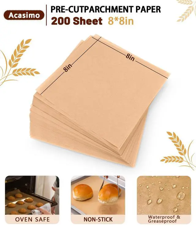 Alt view image 2 of 6 - Parchment Paper Sheets, 200Pcs 8x8 Inch Squares Precut Parchment Sheets for Baking, Grilling, Air Fryer, Non-Stick Square Pan Liners Oven Paper for Bread, Cake, Cookies, Roasting, Wrapping, Steaming