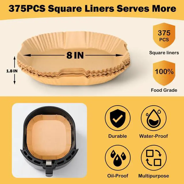Alt view image 3 of 7 - 375Pcs Air Fryer Paper Liners, 8" Square Air Fryer Liners Disposable, Heavy-Duty Parchment Paper for 5-8 qt Airfryer, Non-Stick & Non-Leak Paper Liners for Oven Pan, Deep Fryer Parts & Accessories