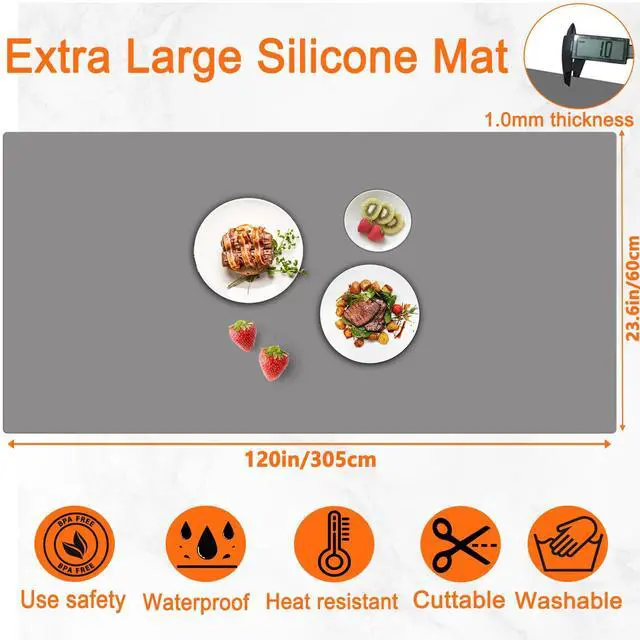 Alt view image 2 of 7 - 120"x24''(305cmx60cm) Extra Large Silicone Mat for Kitchen Counter, Heat Resistant Countertop Protector, Non-Slip Waterproof Kitchen Island Mat, Easy to Clean, Semitransparent