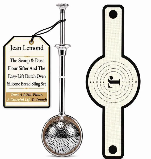 Main image of Introducing The Easy-Lift Dutch Oven Silicone Bread Sling & Scoop & Dust Flour Sifter Combo. A Premium Sourdough Bread Mat & Artisanal Flour Dusting Wand Bread Baking Supplies Set (2pcs)