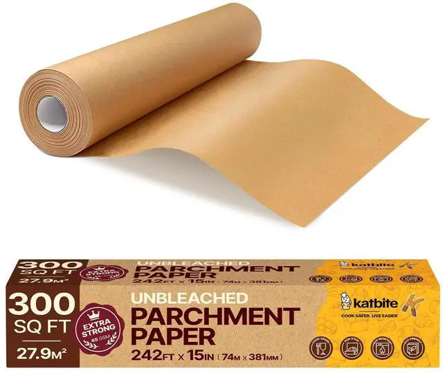 Main image of Unbleached Parchment Paper Roll, 15in x 242ft, 300 Sq.Ft, Non-Stick with Serrated Cutter for Baking, Cooking, Air Fryer