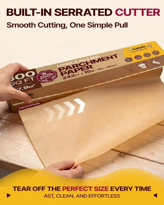 Alt view image 3 of 7 - Unbleached Parchment Paper Roll, 15in x 242ft, 300 Sq.Ft, Non-Stick with Serrated Cutter for Baking, Cooking, Air Fryer