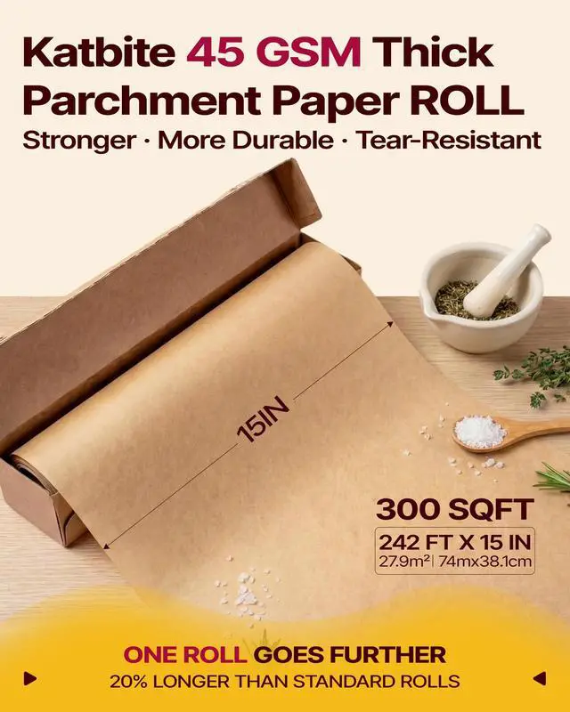 Alt view image 2 of 7 - Unbleached Parchment Paper Roll, 15in x 242ft, 300 Sq.Ft, Non-Stick with Serrated Cutter for Baking, Cooking, Air Fryer