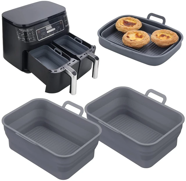 Main image of Collapsible 2-Pack Air Fryer Silicone Liners for 8QT & 10QT NINJA Foodi Dual, Reusable Rectangular Silicone Basket Pot for Air Fryer Accessories (Gray)
