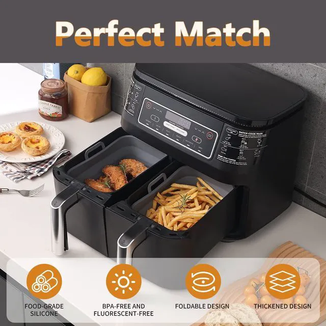 Alt view image 3 of 6 - Collapsible 2-Pack Air Fryer Silicone Liners for 8QT & 10QT NINJA Foodi Dual, Reusable Rectangular Silicone Basket Pot for Air Fryer Accessories (Gray)