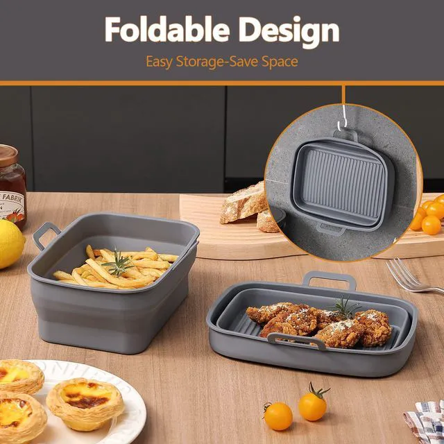 Alt view image 4 of 6 - Collapsible 2-Pack Air Fryer Silicone Liners for 8QT & 10QT NINJA Foodi Dual, Reusable Rectangular Silicone Basket Pot for Air Fryer Accessories (Gray)