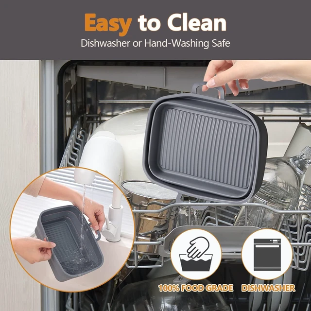 Alt view image 6 of 6 - Collapsible 2-Pack Air Fryer Silicone Liners for 8QT & 10QT NINJA Foodi Dual, Reusable Rectangular Silicone Basket Pot for Air Fryer Accessories (Gray)