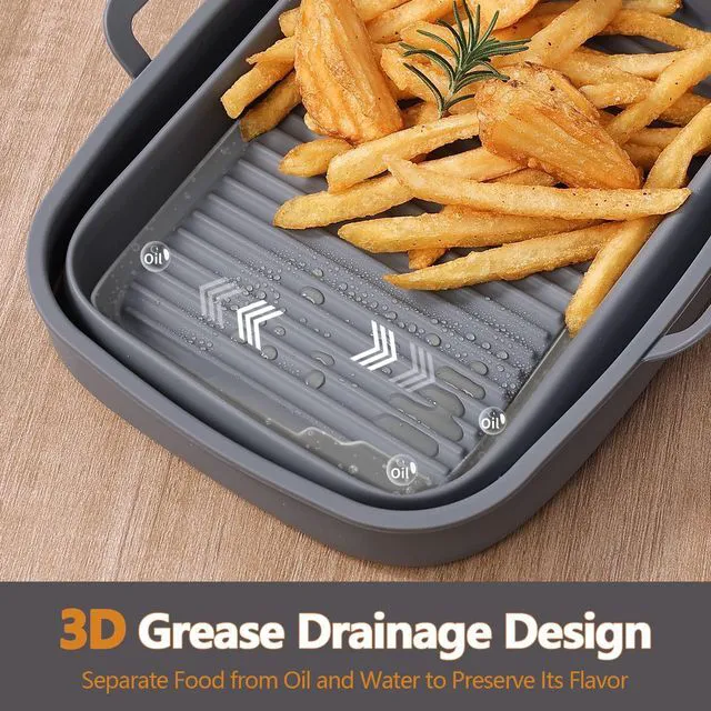 Alt view image 5 of 6 - Collapsible 2-Pack Air Fryer Silicone Liners for 8QT & 10QT NINJA Foodi Dual, Reusable Rectangular Silicone Basket Pot for Air Fryer Accessories (Gray)