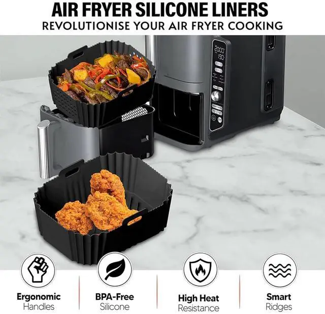 Alt view image 4 of 6 - Air Fryer Silicone Liners for Ninja AF140 AF141 AF180 AF181 Air Fryer for Philips HD9270 Basket Baking,9inch Reusable square,Black×2 pack