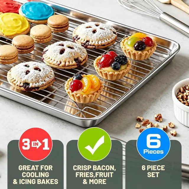 Alt view image 3 of 7 - Stainless Steel Baking Sheet Tray Cooling Rack with Silicone Baking Mat Set, 16 x 12 x 1 Inch Cookie Sheet Pan with Wire Rack Set, Set of 6 (2 Sheets + 2 Racks + 2 Mats), Heavy Duty & Rust Proof