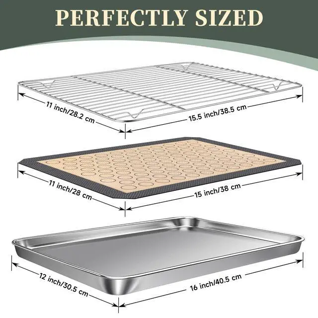 Alt view image 2 of 7 - Stainless Steel Baking Sheet Tray Cooling Rack with Silicone Baking Mat Set, 16 x 12 x 1 Inch Cookie Sheet Pan with Wire Rack Set, Set of 6 (2 Sheets + 2 Racks + 2 Mats), Heavy Duty & Rust Proof