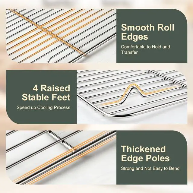 Alt view image 5 of 7 - Stainless Steel Baking Sheet Tray Cooling Rack with Silicone Baking Mat Set, 16 x 12 x 1 Inch Cookie Sheet Pan with Wire Rack Set, Set of 6 (2 Sheets + 2 Racks + 2 Mats), Heavy Duty & Rust Proof