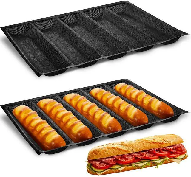 Main image of Silicone Perforated Baking Forms Sandwich Mold French Baguette Bread Pan Mat 5 Loaf Non Stick Baking Liners for Home Kitchen