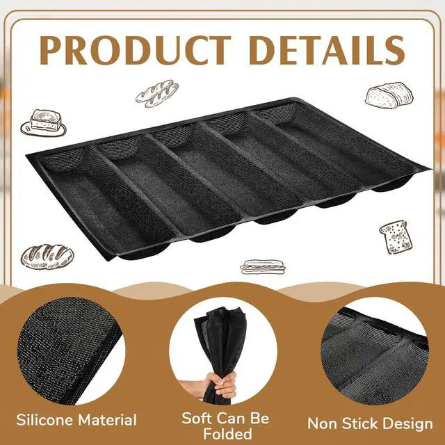 Alt view image 3 of 7 - Silicone Perforated Baking Forms Sandwich Mold French Baguette Bread Pan Mat 5 Loaf Non Stick Baking Liners for Home Kitchen