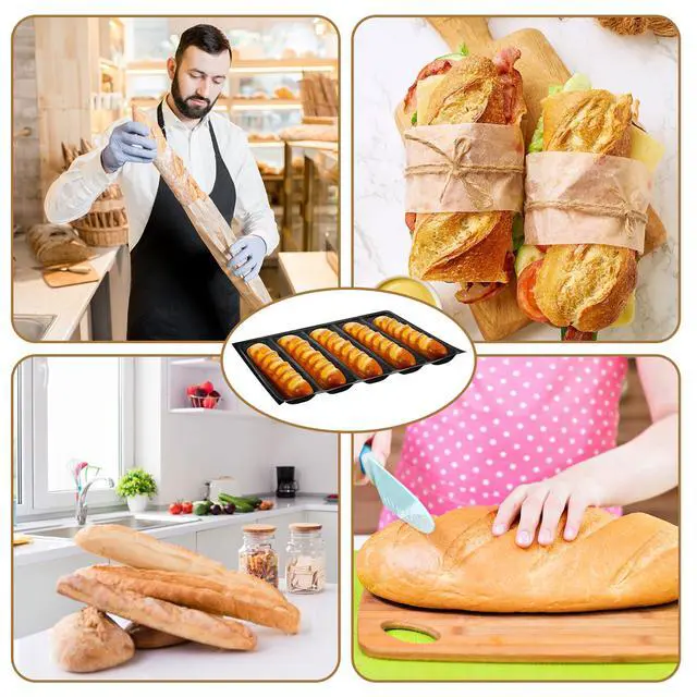 Alt view image 7 of 7 - Silicone Perforated Baking Forms Sandwich Mold French Baguette Bread Pan Mat 5 Loaf Non Stick Baking Liners for Home Kitchen