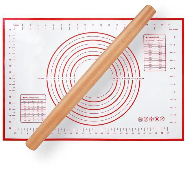 Main image of Wood French Rolling Pin for Baking, Wooden Dough Roller with Silicone Baking Mat, Beech Wood Rolling Pins for Baking Dough, Pizza, Pie, Pastries, Pasta and Cookies,Red Pastry Mat