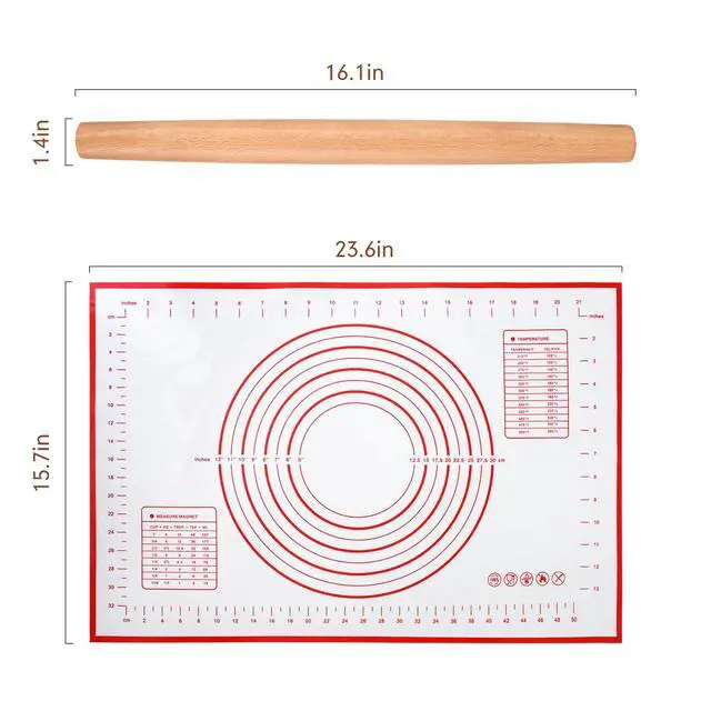 Alt view image 3 of 7 - Wood French Rolling Pin for Baking, Wooden Dough Roller with Silicone Baking Mat, Beech Wood Rolling Pins for Baking Dough, Pizza, Pie, Pastries, Pasta and Cookies,Red Pastry Mat