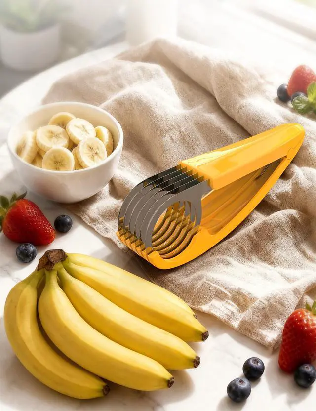 Alt view image 7 of 7 - Banana Slicer,ABS + Stainless Steel Fruit and Vegetable Salad Peeler Cutter Kitchen Tools For Banana, Strawberry,Grape2 pcs