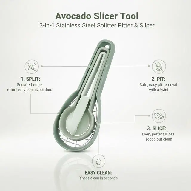 Alt view image 5 of 7 - 3-in-1 Avocado Slicer Tool - Stainless Steel Separator, Remover & Slicer with Ergonomic Handle for Kitchen Prep