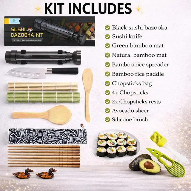 Alt view image 4 of 7 - Sushi Making Kit, All-in-One Bazooka Roller Set with Bamboo Mats, Avocado Slicer, Paddle, Knife, Chopstick & Holders, Cotton Bag - DIY Maki Roller Machine