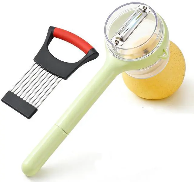 Main image of Kitchen Set Stainless Steel Onion Holder Slicer with 10 Forks, Peeler with Storage Box, 3-in-1 Cup Lid & Gap Brush for Slicing Potato, Avocado, Eggs, Lemon, Meat