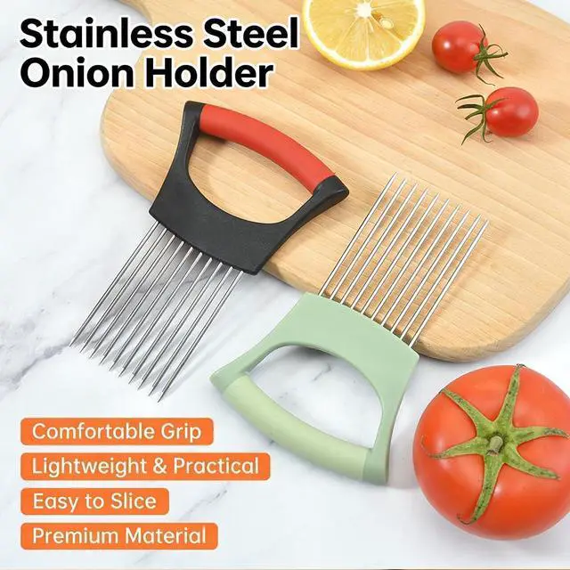 Alt view image 7 of 7 - Kitchen Set Stainless Steel Onion Holder Slicer with 10 Forks, Peeler with Storage Box, 3-in-1 Cup Lid & Gap Brush for Slicing Potato, Avocado, Eggs, Lemon, Meat