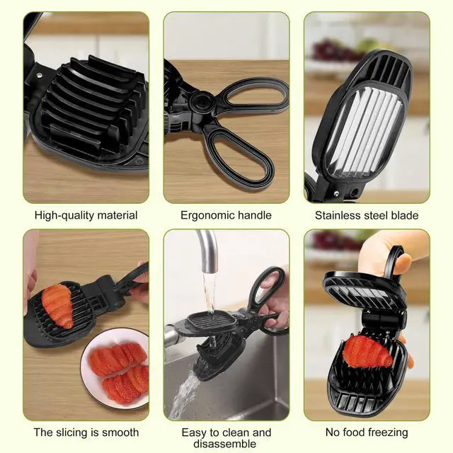 Alt view image 4 of 7 - Fruit Slicer, Strawberry, Banana, Kiwi Cutter, Egg Slicer for Hard Boiled Eggs, for Fruit Sausages, Cucumbers, Mushroom Cutter, Rapid & Safe Slicing Kitchen Gadgets (Black)