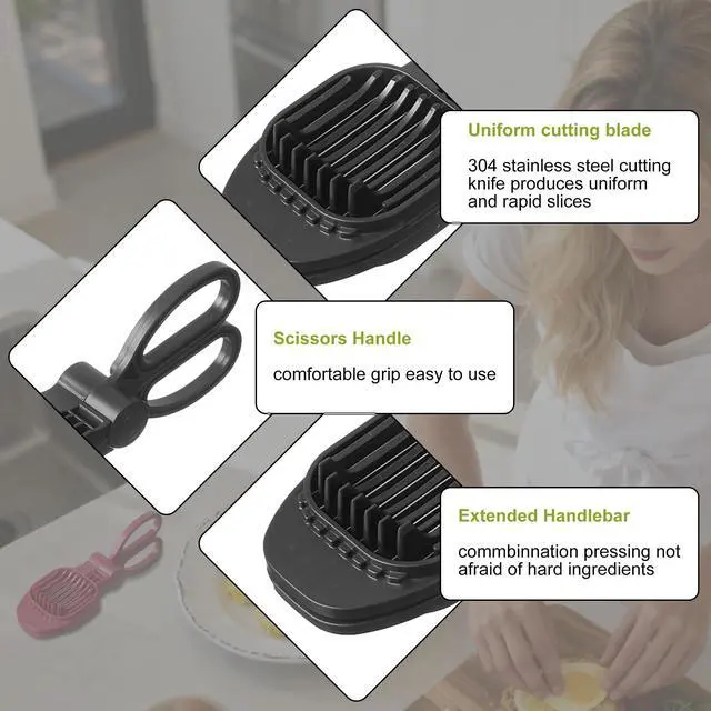 Alt view image 6 of 7 - Fruit Slicer, Strawberry, Banana, Kiwi Cutter, Egg Slicer for Hard Boiled Eggs, for Fruit Sausages, Cucumbers, Mushroom Cutter, Rapid & Safe Slicing Kitchen Gadgets (Black)