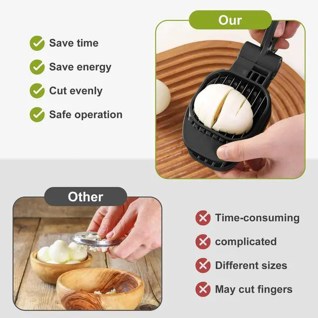Alt view image 7 of 7 - Fruit Slicer, Strawberry, Banana, Kiwi Cutter, Egg Slicer for Hard Boiled Eggs, for Fruit Sausages, Cucumbers, Mushroom Cutter, Rapid & Safe Slicing Kitchen Gadgets (Black)