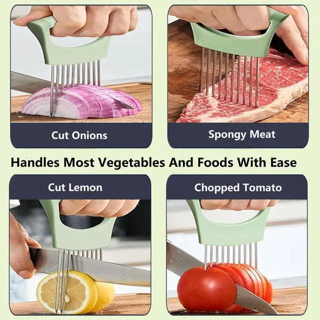 Alt view image 3 of 6 - Upgraded Stainless Steel Lemon Slicer Onion Cutter, Onion Holder for Slicing, Vegetable Cutter Kitchen Chopper Slicing Assistant Tool for Potato and Tomato Avocados Eggs Meat (1, Green)