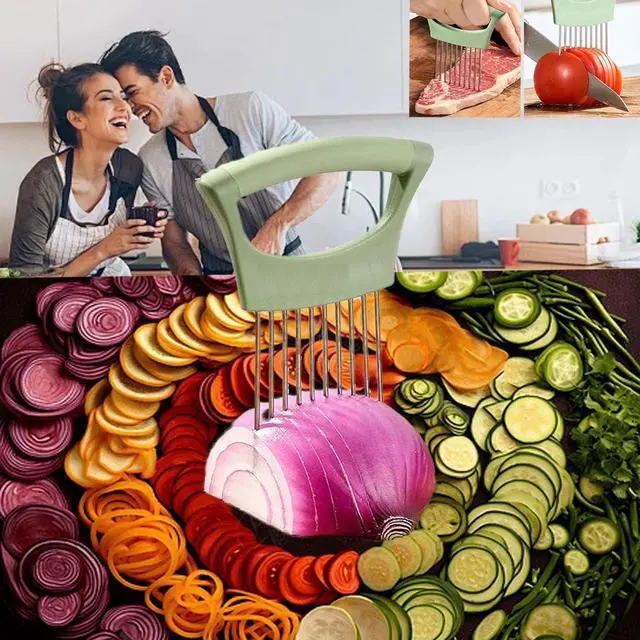 Alt view image 4 of 6 - Upgraded Stainless Steel Lemon Slicer Onion Cutter, Onion Holder for Slicing, Vegetable Cutter Kitchen Chopper Slicing Assistant Tool for Potato and Tomato Avocados Eggs Meat (1, Green)