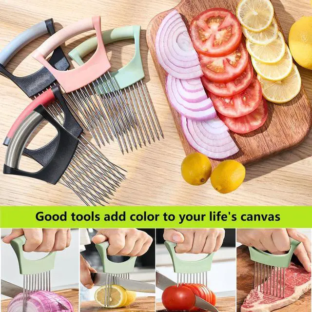 Alt view image 2 of 6 - Upgraded Stainless Steel Lemon Slicer Onion Cutter, Onion Holder for Slicing, Vegetable Cutter Kitchen Chopper Slicing Assistant Tool for Potato and Tomato Avocados Eggs Meat (1, Green)