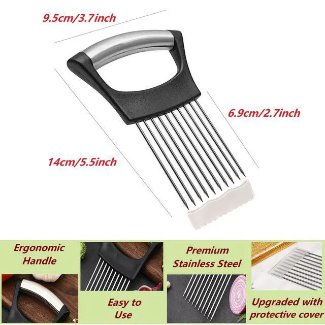 Alt view image 6 of 6 - Upgraded Stainless Steel Lemon Slicer Onion Cutter, Onion Holder for Slicing, Vegetable Cutter Kitchen Chopper Slicing Assistant Tool for Potato and Tomato Avocados Eggs Meat (1, Green)